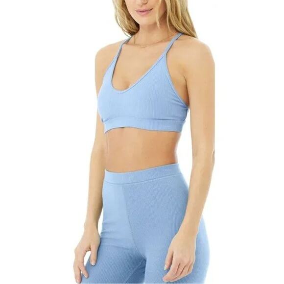 ALO Blissful Ribbed Sports Bra Blue Lightweight Yoga Bra Y-Back | Small - Picture 7 of 7